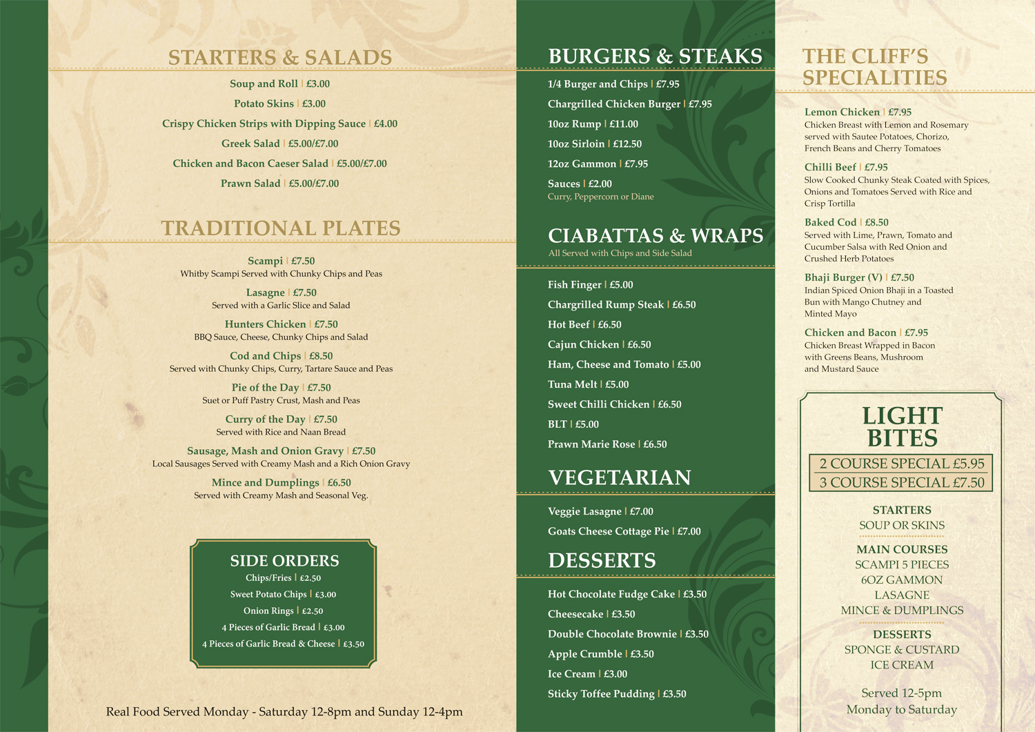 Food Menu | pub restaurant sunderland